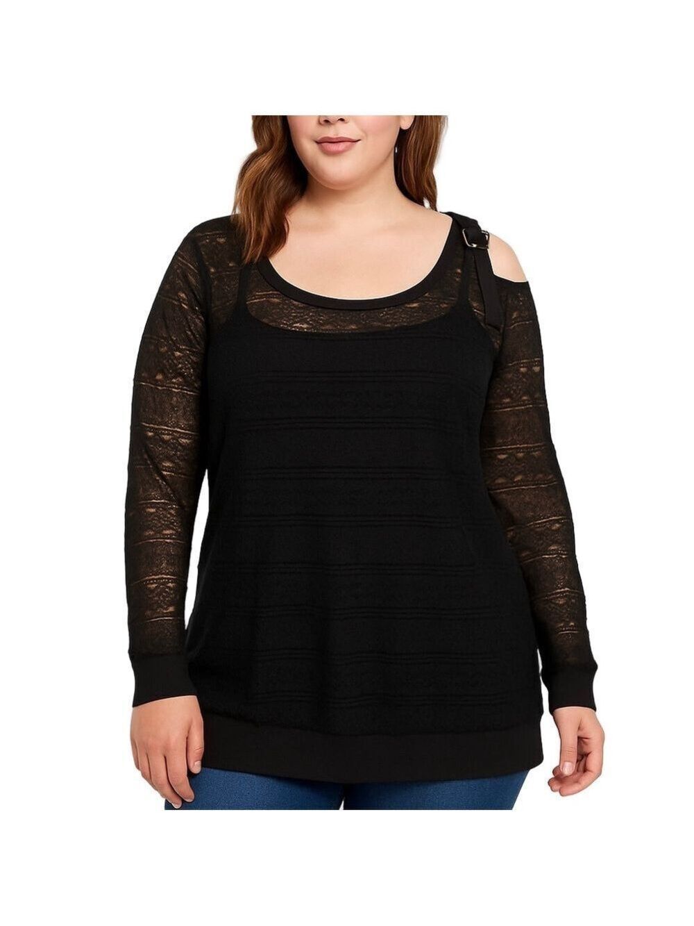 Love & Legend Black Lace Knit Long Sleeve Top Sheer Cold Shoulder Cut Out